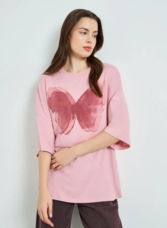 Women's Oversized Butterfly Graphic T-Shirt Pink