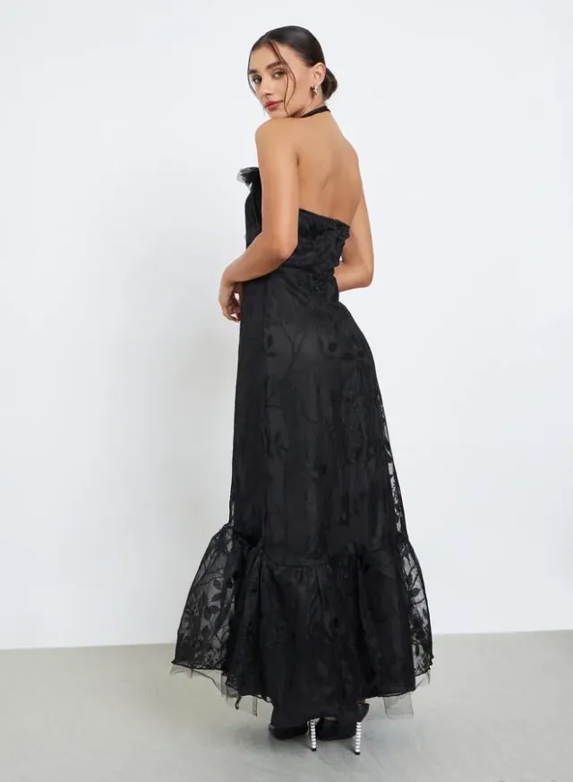 Black Lace Halter Neck Maxi Evening Dress – image 5