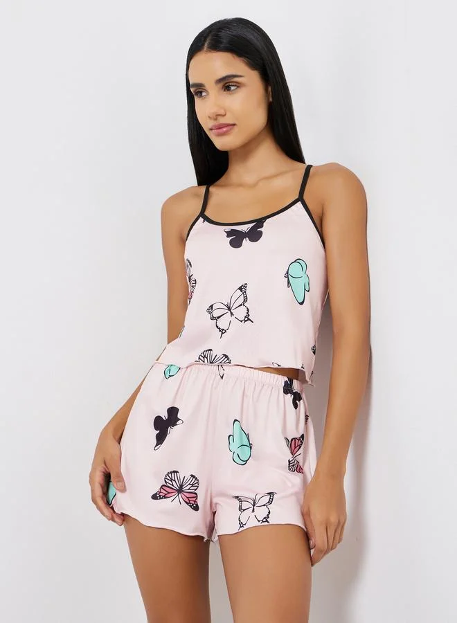 Butterfly Print Cami and Short Set Pink