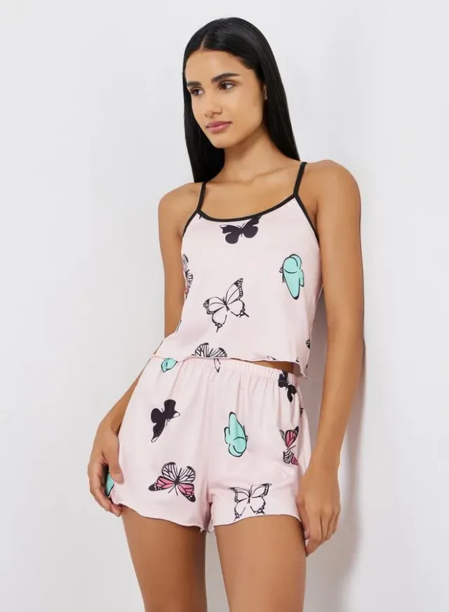 Butterfly Print Cami and Short Set Pink