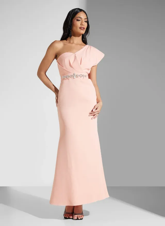 Peach One-Shoulder Embellished Maxi Evening Dress – image 5