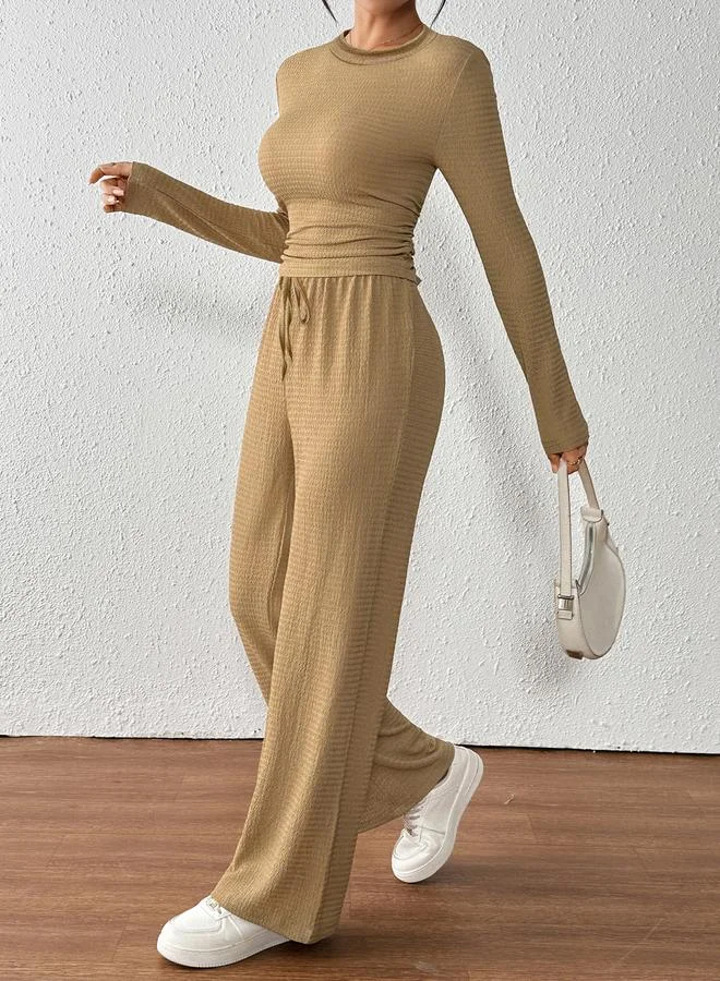 Take Two Textured Top and Wide Leg Pants Set Bronze
