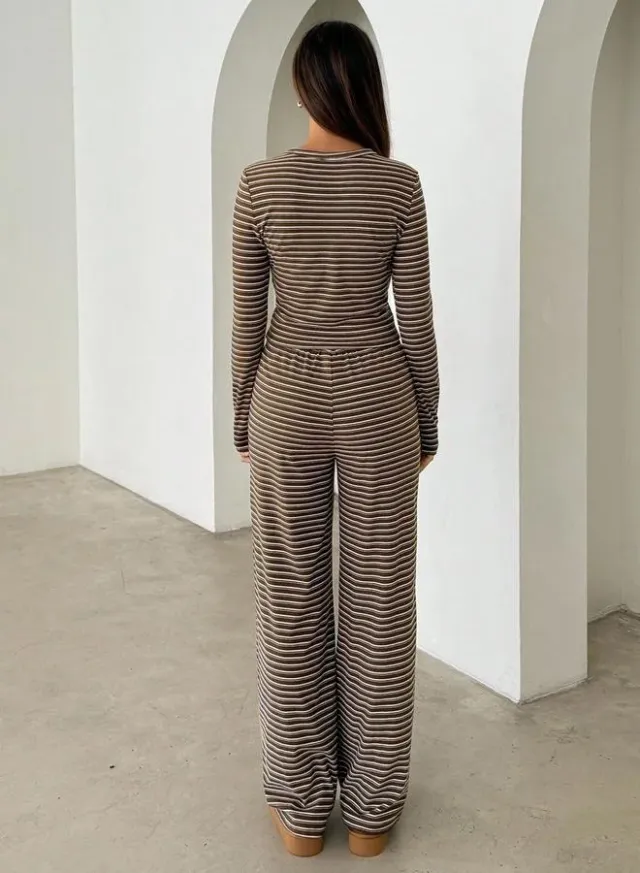 Striped Crop Top & Pants Set Brown – image 2