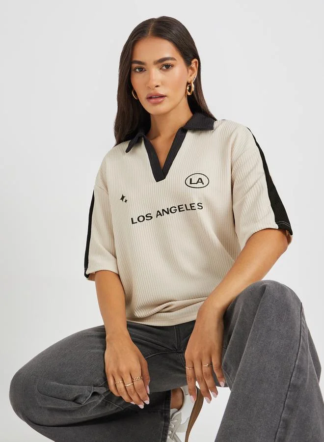 Styli Slogan Print Collared Oversized T-Shirt Beige