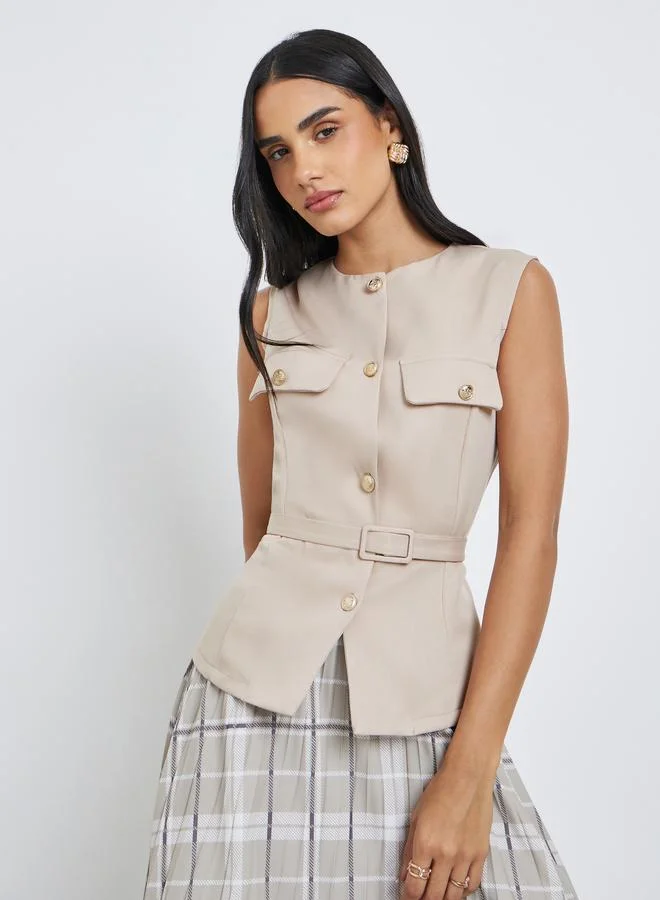 Styli Sleeveless Belted Waistcoat Brown