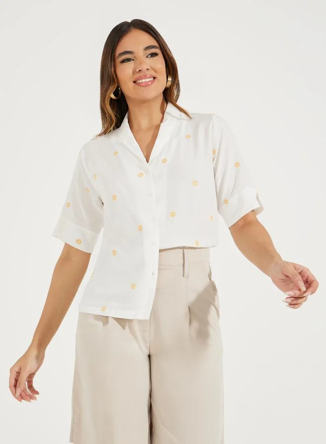 Floral Embroidery Relaxed Fit Shirt Beige