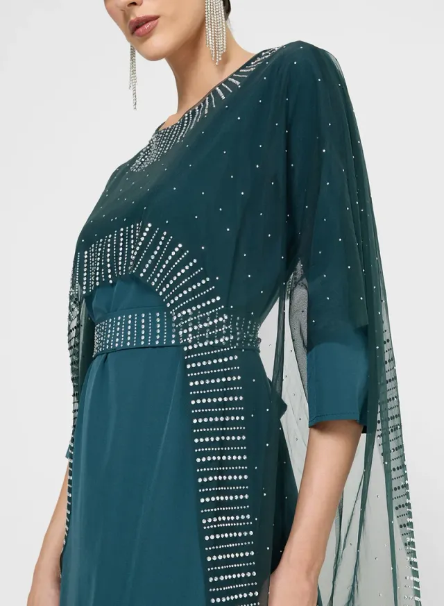Teal Embellished Maxi Dress with Cape Trail for Women – image 4