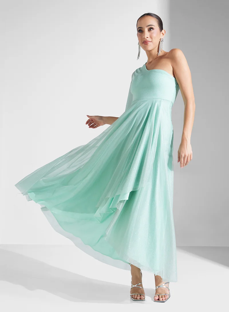 One-Shoulder Tulle Dress Mint Green