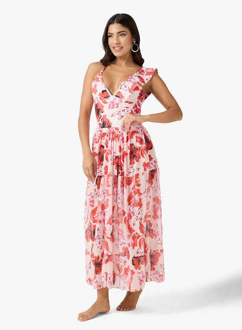 Off-Shoulder Ruffled Swimsuit & Sarong Set Pink