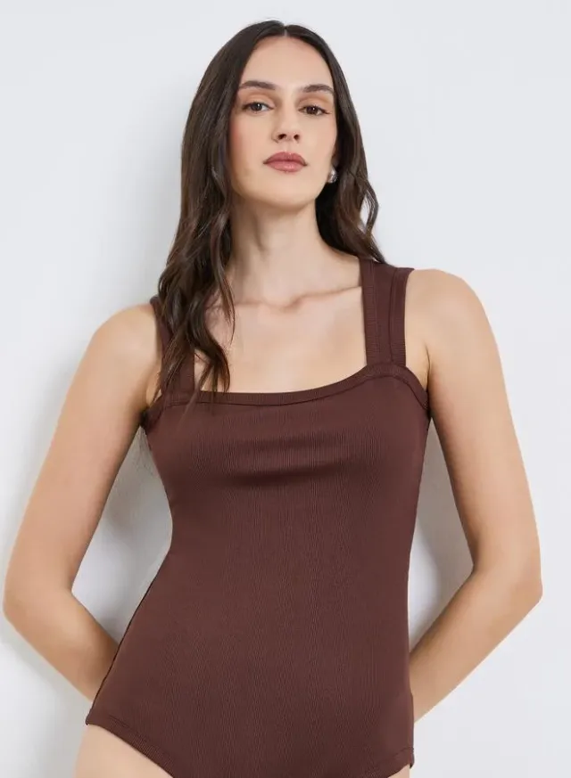 Women's Brown Square Neck Sleeveless Fitted Bodysuit – image 5
