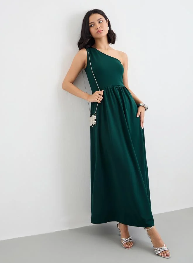 One Shoulder Maxi Dress Dark Green