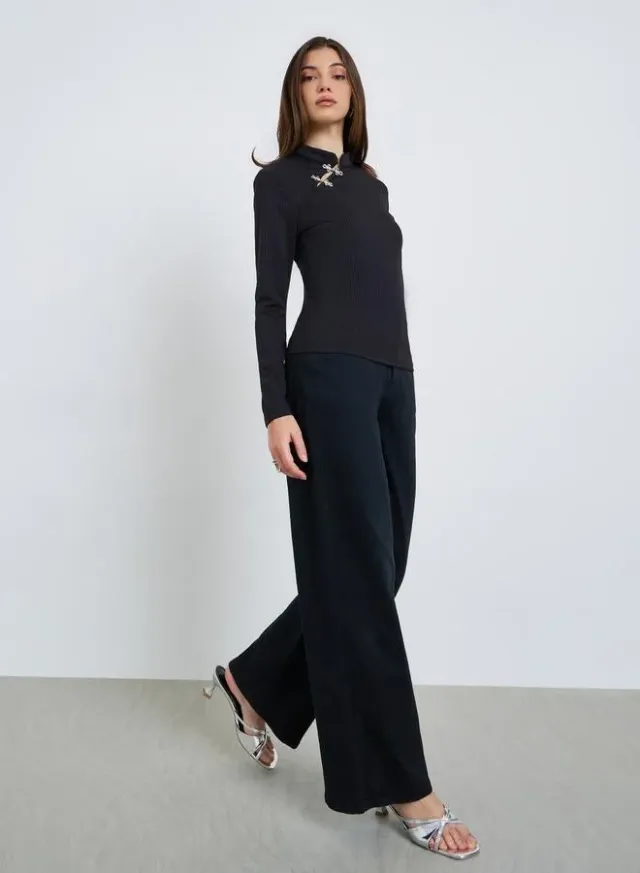 Mandarin Collar Knit Top Black – image 2