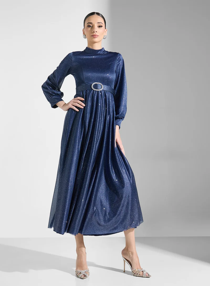 Belted Sparkle Dress Deep Navy Blue