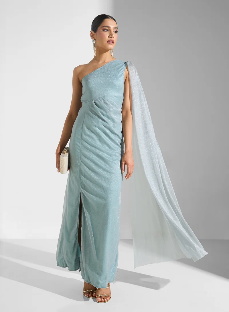 One-Shoulder Exaggerated Sleeve Trail Dress