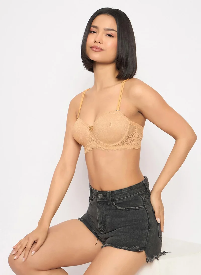 Clovia Lace Padded Multiway Strapless Balconette Bra - Nude