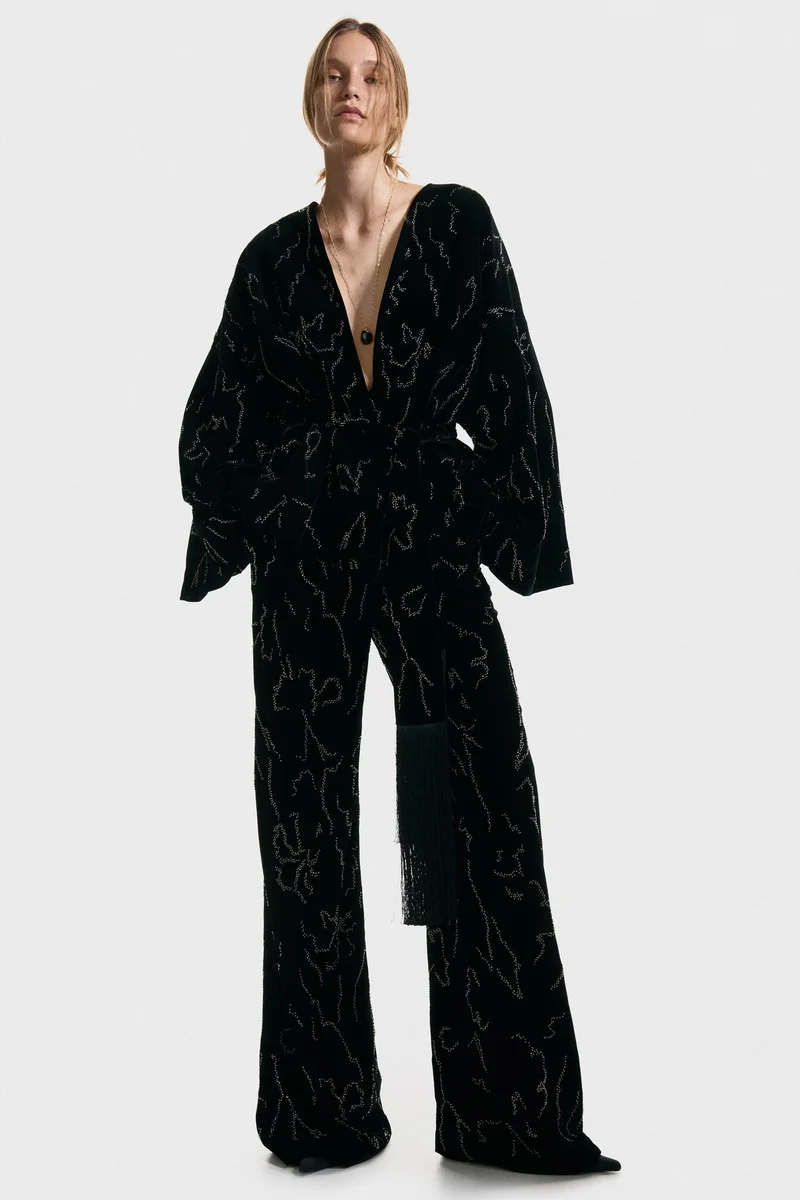 Embroidered Velvet Trousers Black