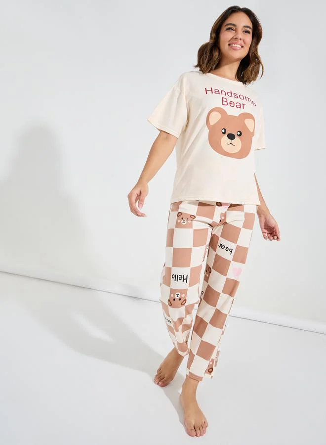 Bear Print T-Shirt and Pyjama Set Multicolour