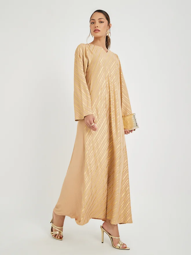 Amirah Foil Print Notch Neck Jalabiya Beige
