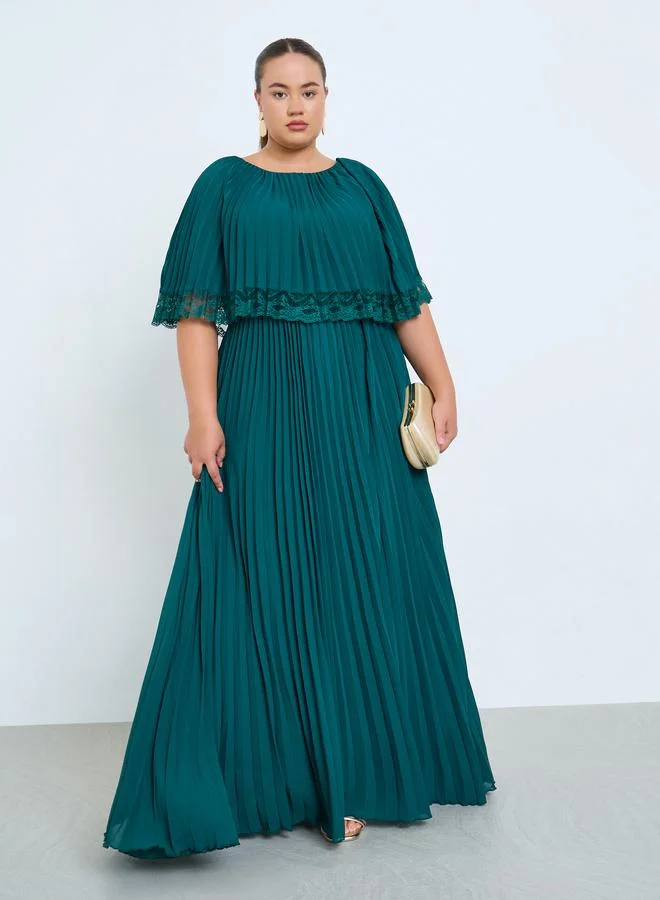 Plus Size Lace Cape A-Line Maxi Dress Teal