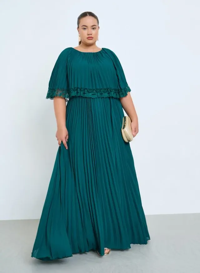 Plus Size Lace Cape A-Line Maxi Dress Teal