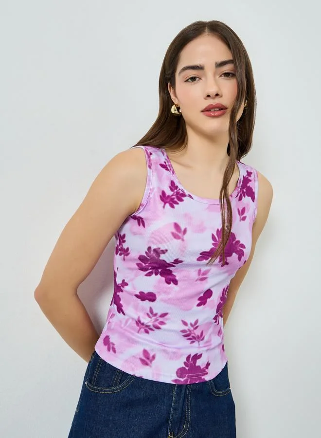 Ribbed Floral Fitted Tank Pale Plum