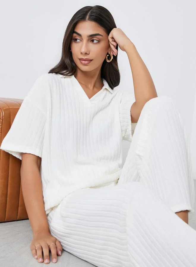 Styli Ribbed Collared Oversized Top White
