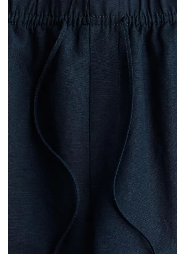Blue Dark Linen Blend Drawstring Ankle Trousers for Women – image 4