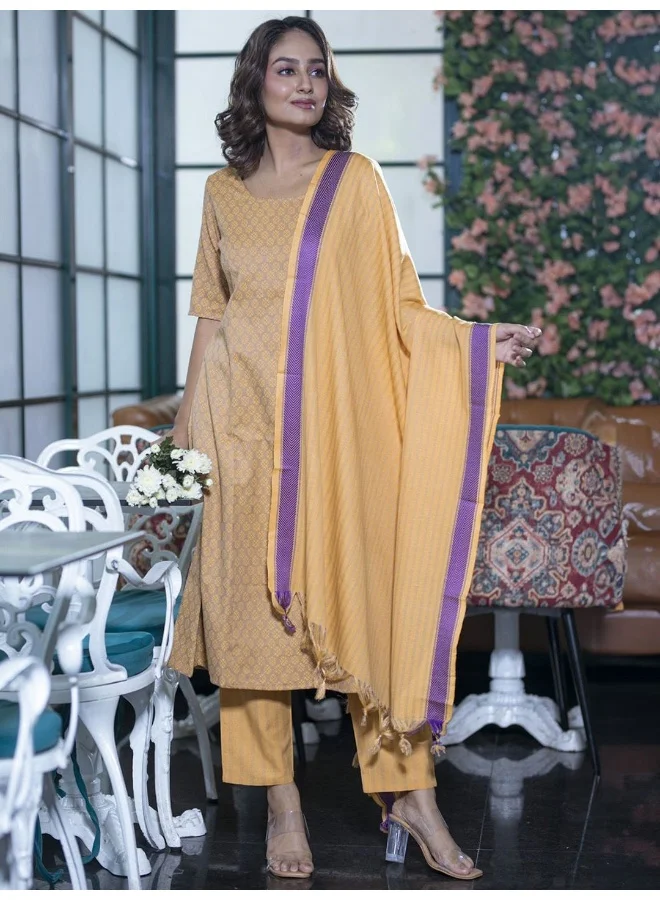 Yarn Dyed Kurta Set with Dupatta Mustard