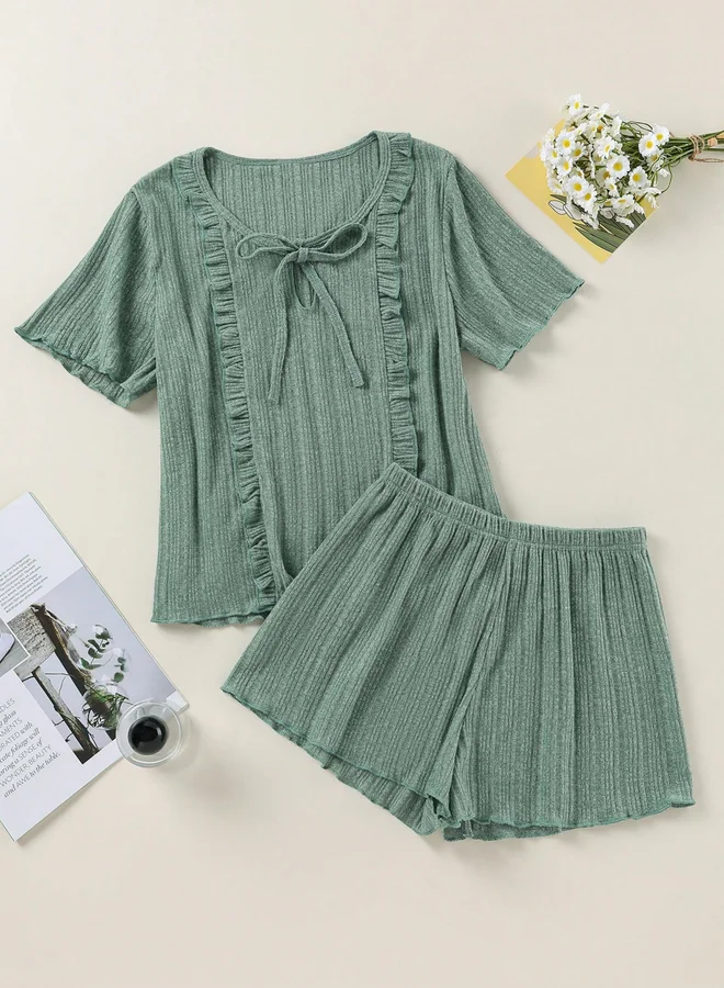 Textured Knit Top and Shorts Pyjama Set Seafoam Green