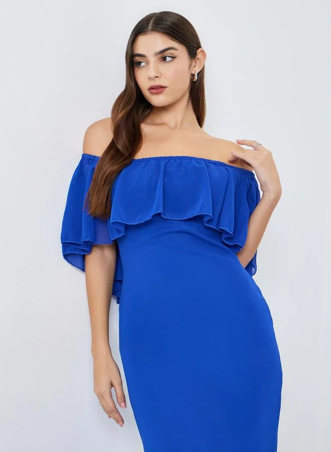 Off-Shoulder Sheath Maxi Dress Blue