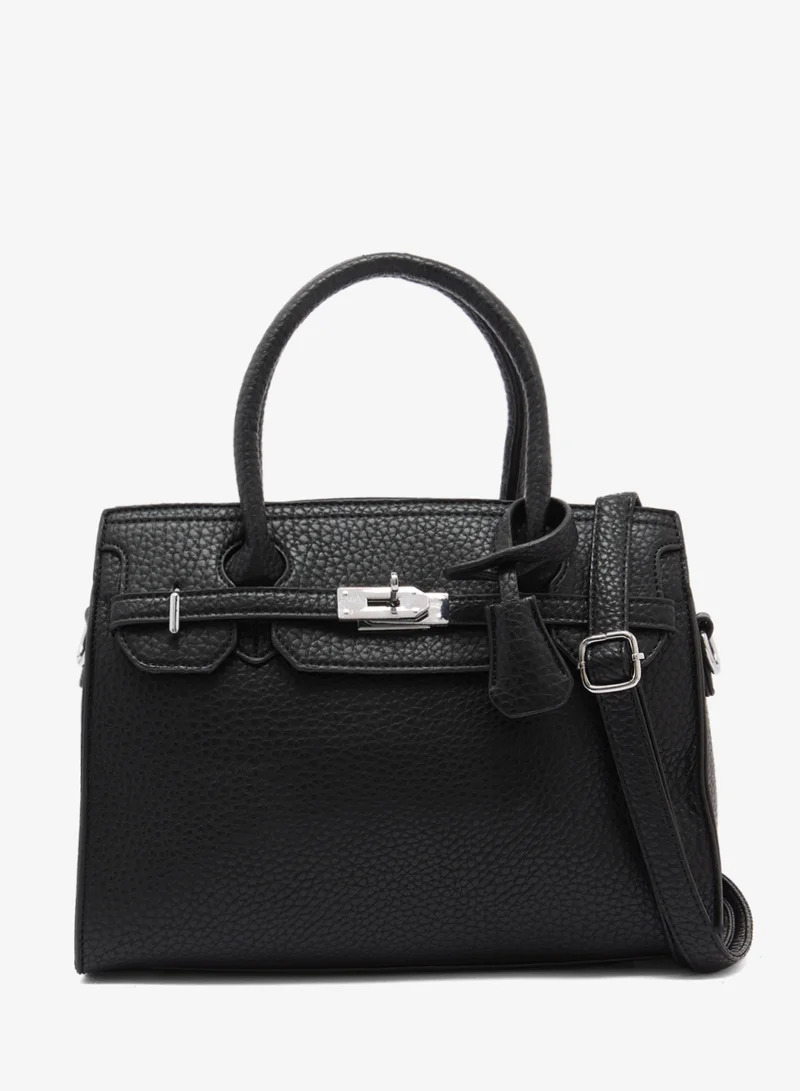 Textured Satchel With Top Handle And Strap With Buckle Detail