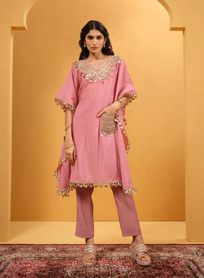 Women's Embellished Roman Silk Kaftan & Palazzo Set Light Pink