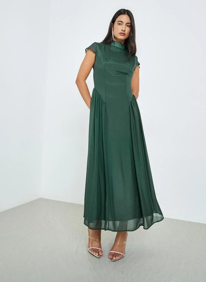 Pleated A-Line Maxi Dress Dark Green