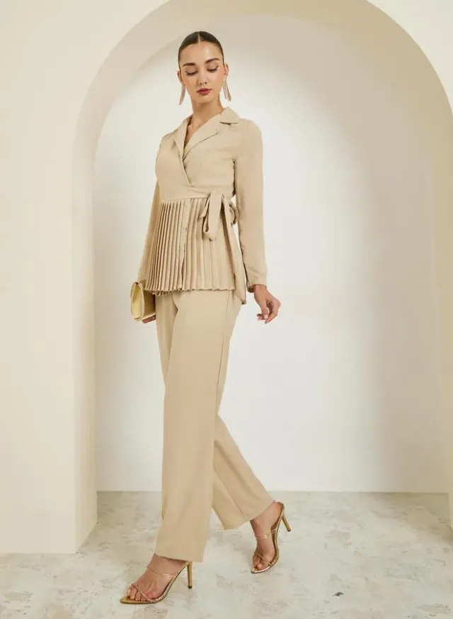 Pleated Blazer & Trousers Co-ord Set Cream