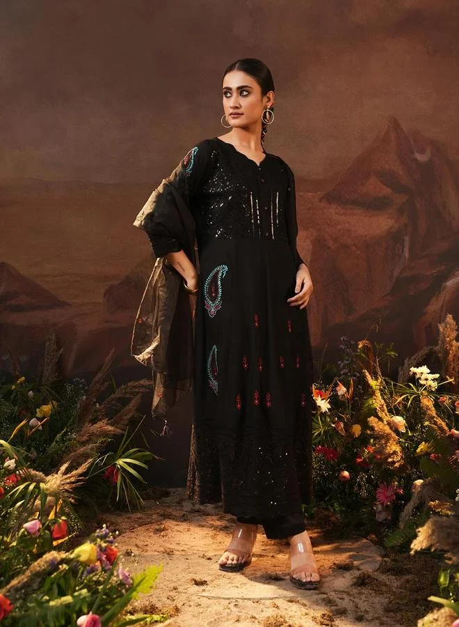 Women's Embellished Rayon 3-Piece Kurta Set Black