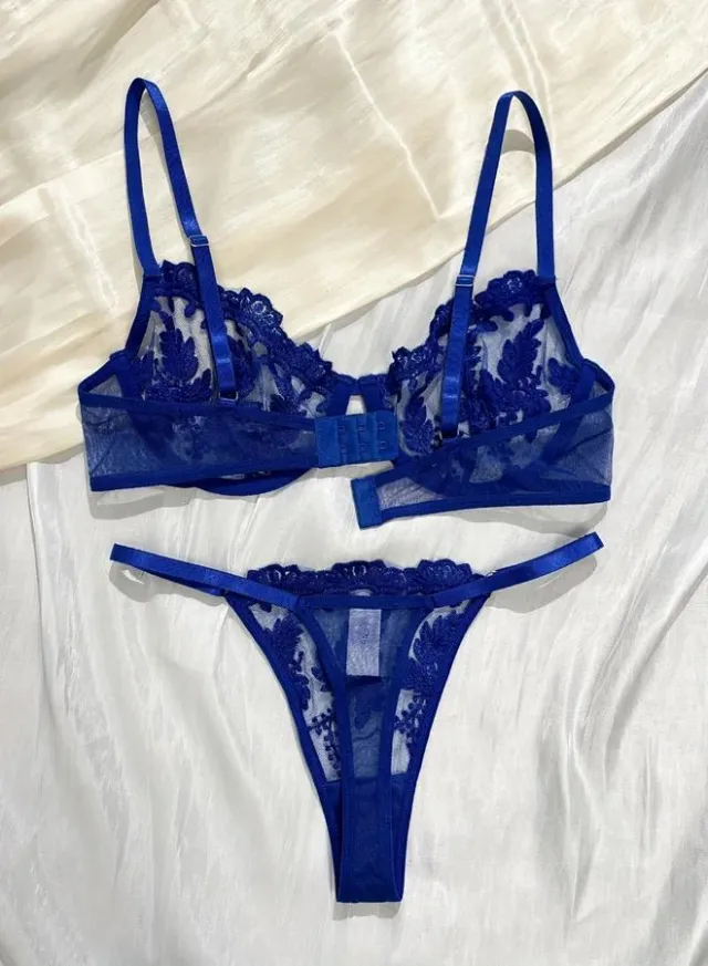 Floral Embroidered Mesh Bra & Thong Set – image 2