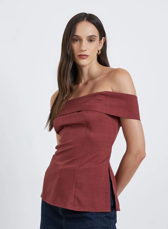 Styli Side Slit Off Shoulder Blouse Burgundy