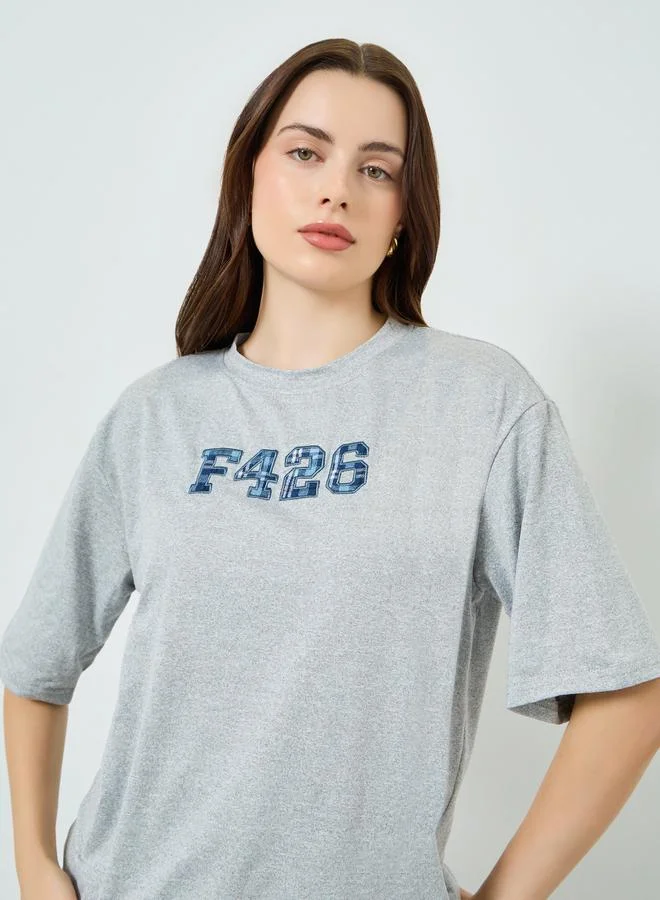 Embroidered Oversized Check T-Shirt Grey