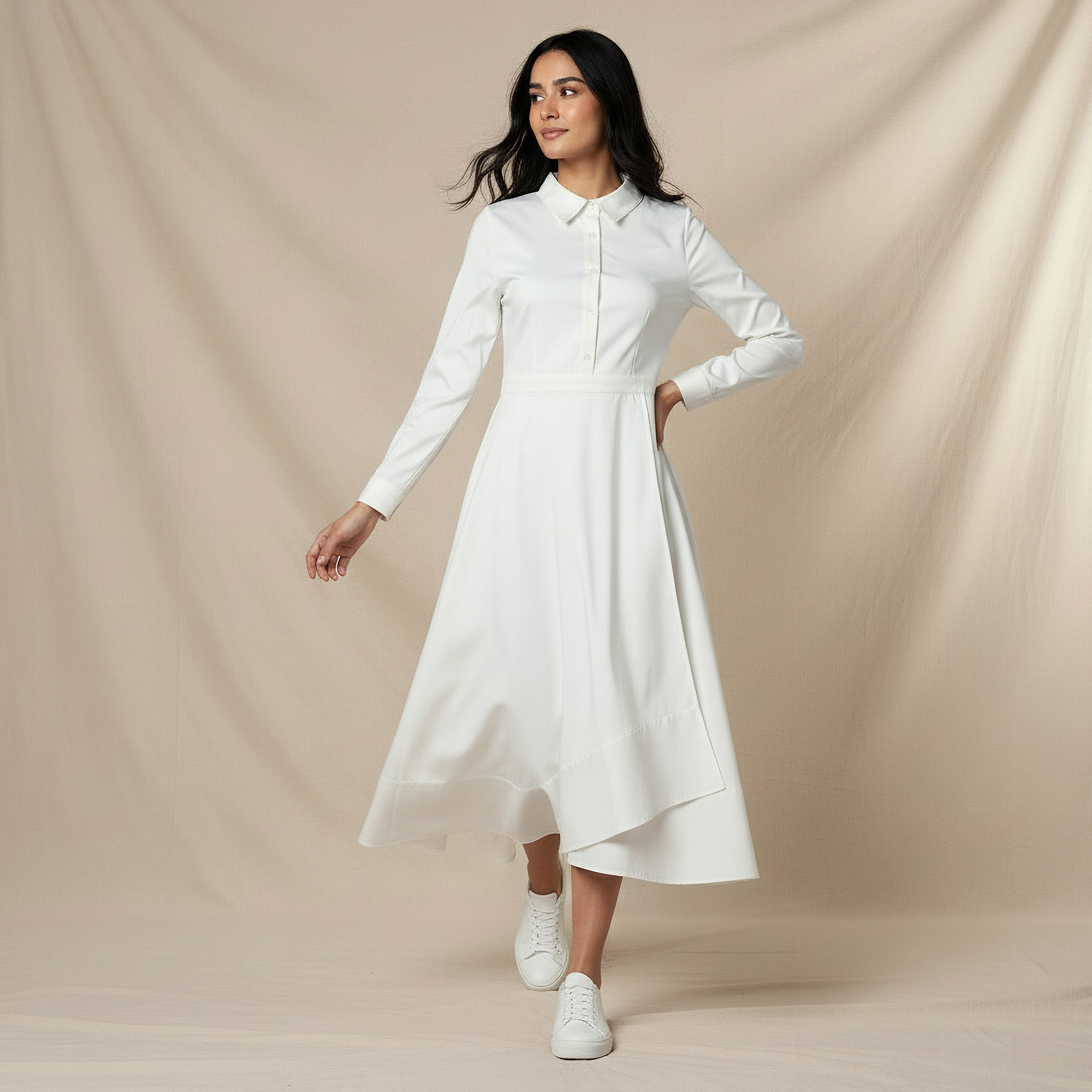 Asymmetrical Midi Shirt Dress White