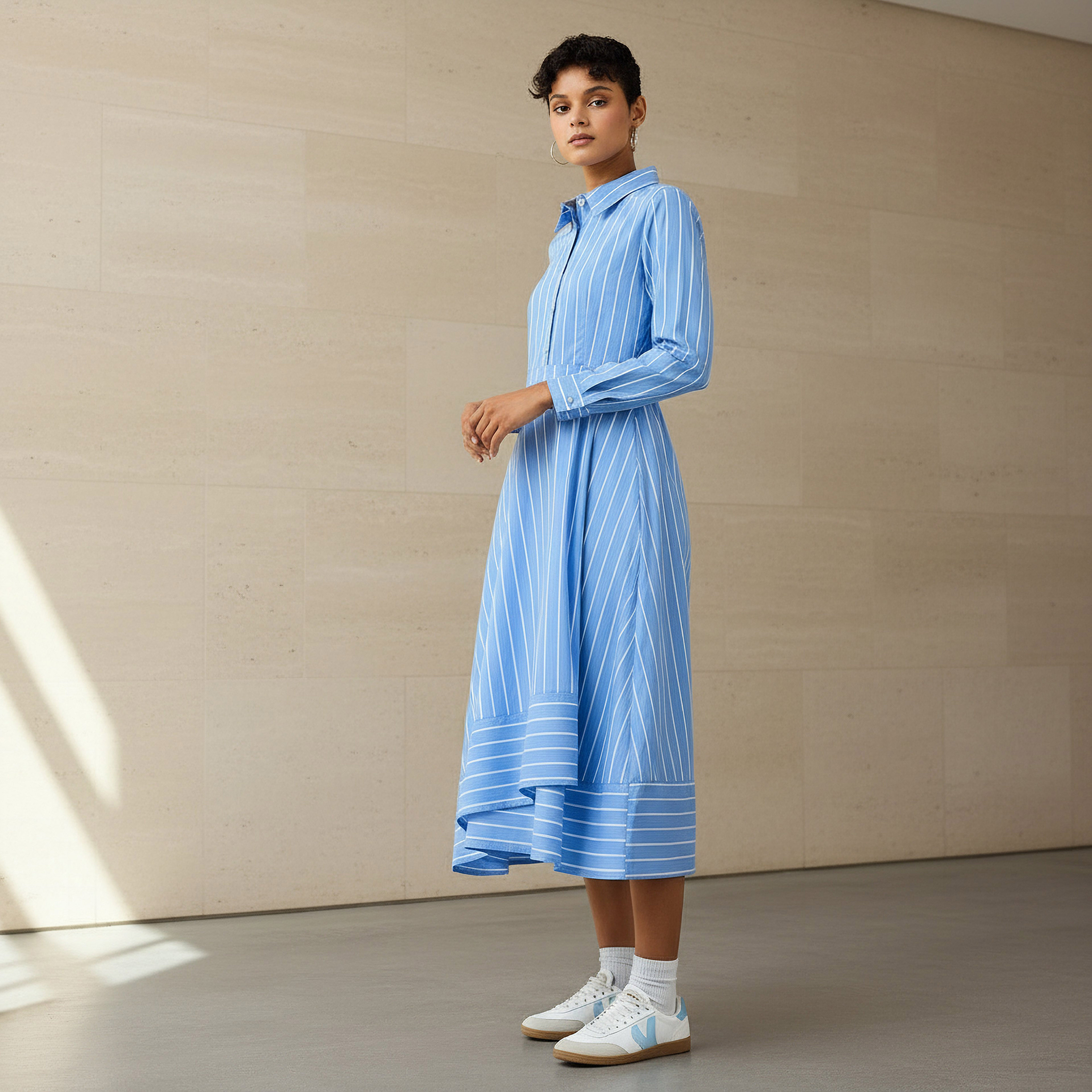Striped Shirt Midi Dress Blue
