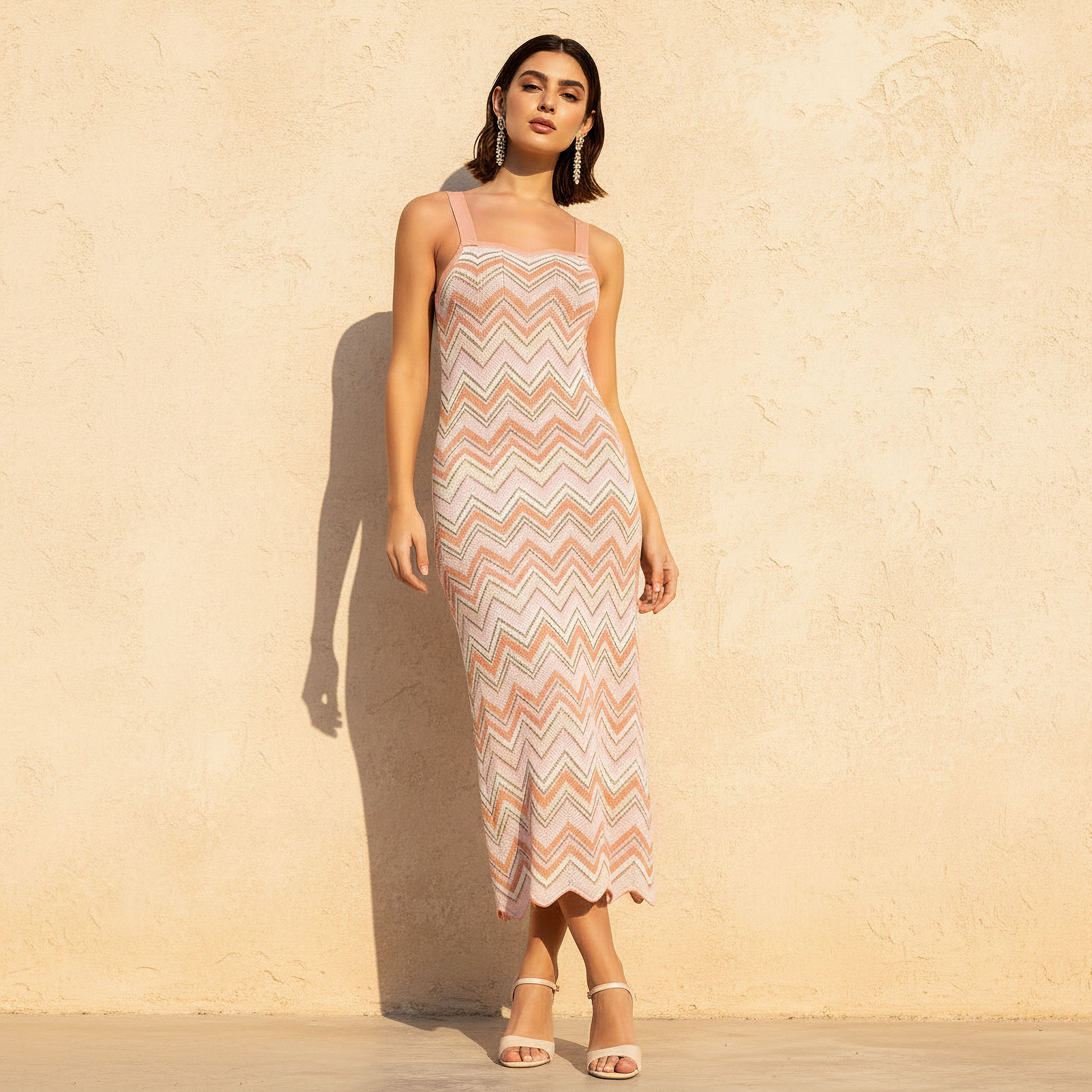 Chevron Textured Scalloped A-Line Dress Pink