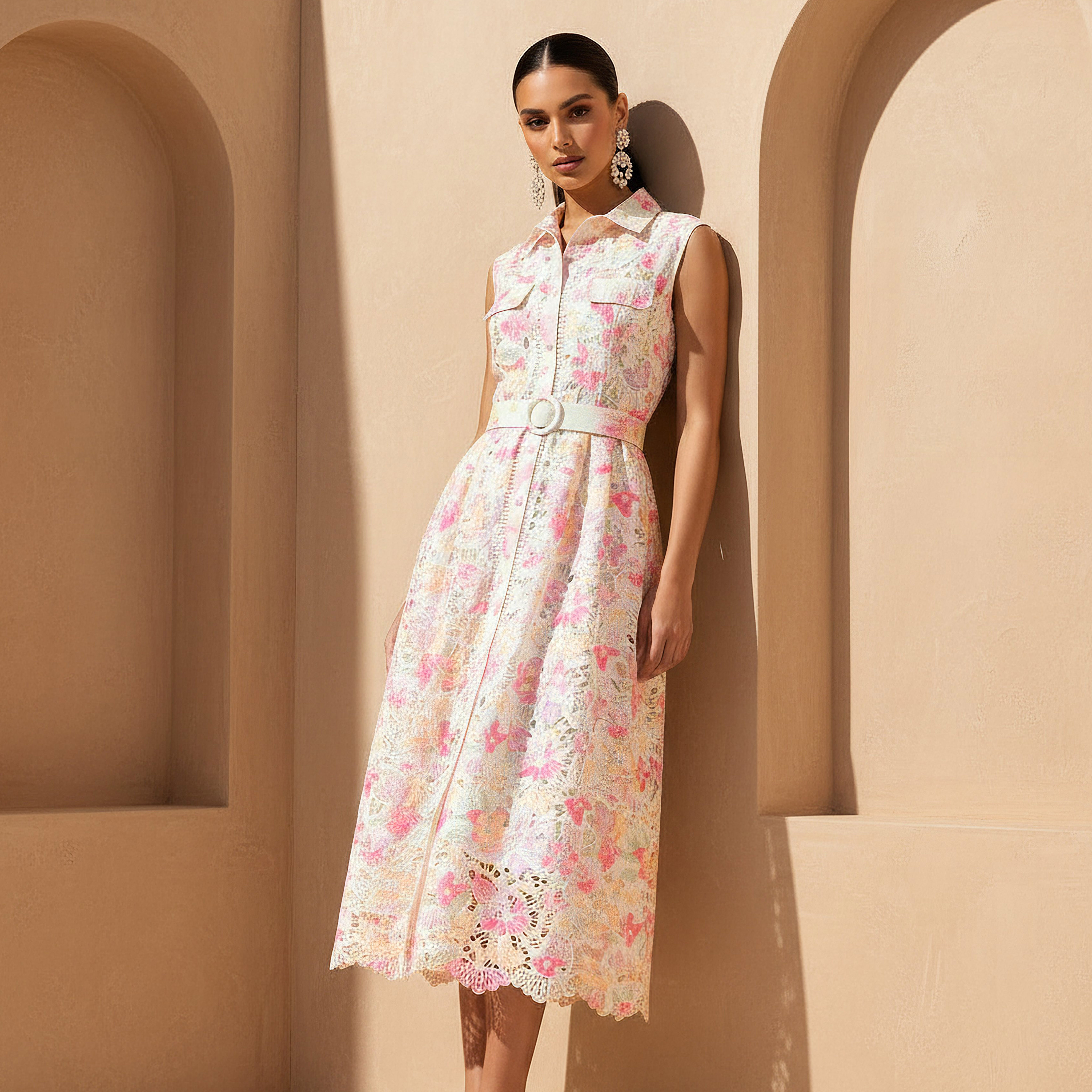 Floral Print Belted Shirt Dress Pink