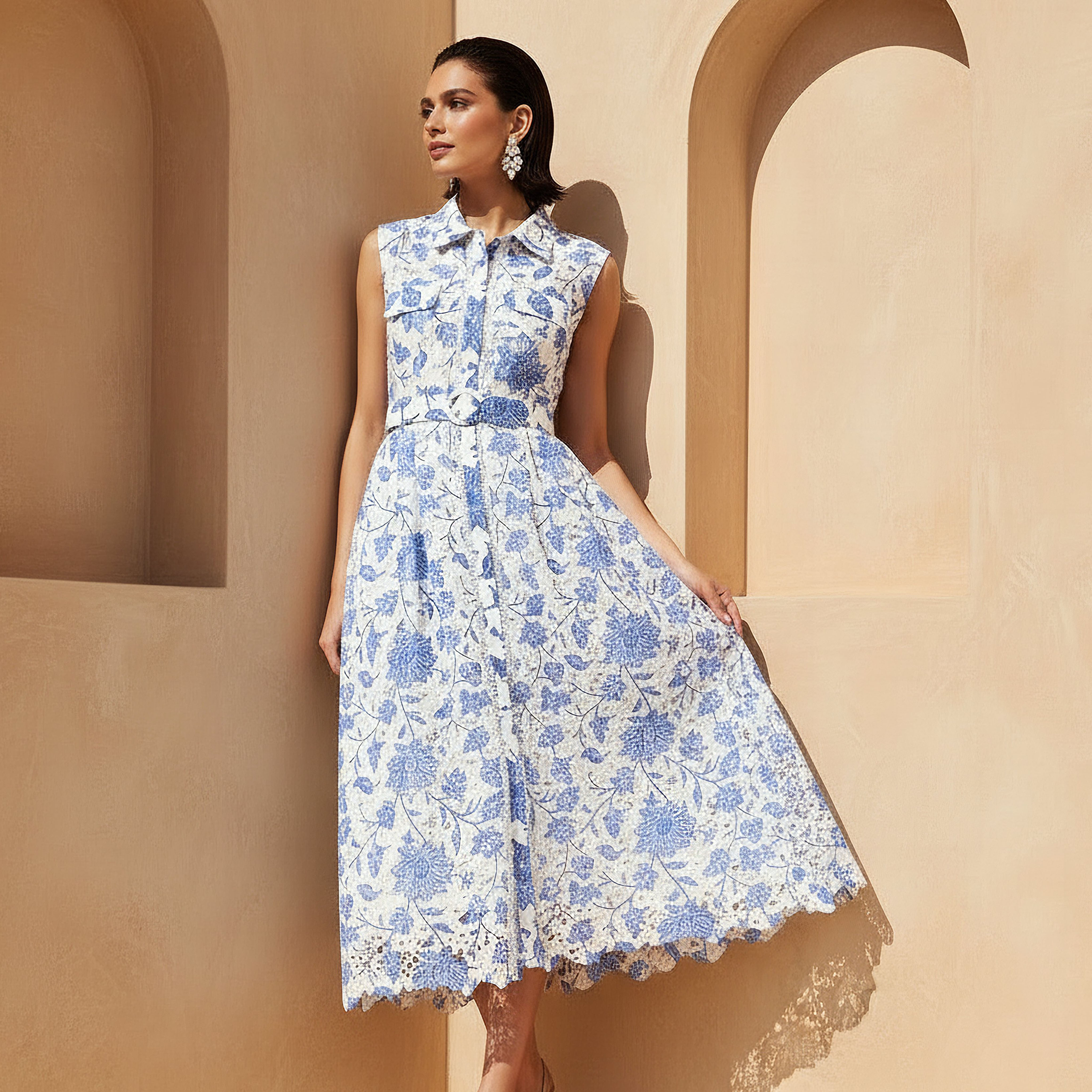 Floral Belted Shirt Dress Blue