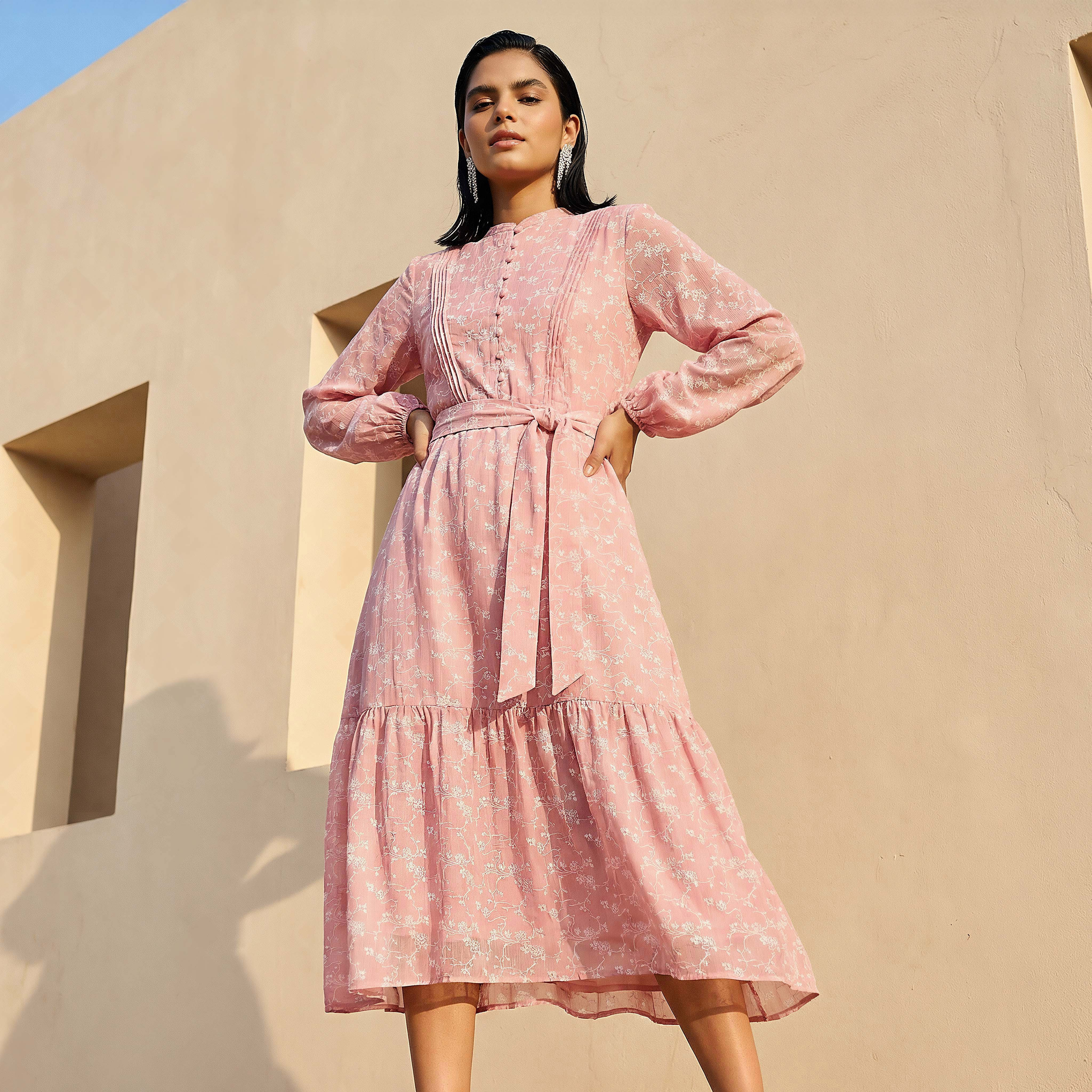 Tie-Belt A-Line Midi Dress Pink