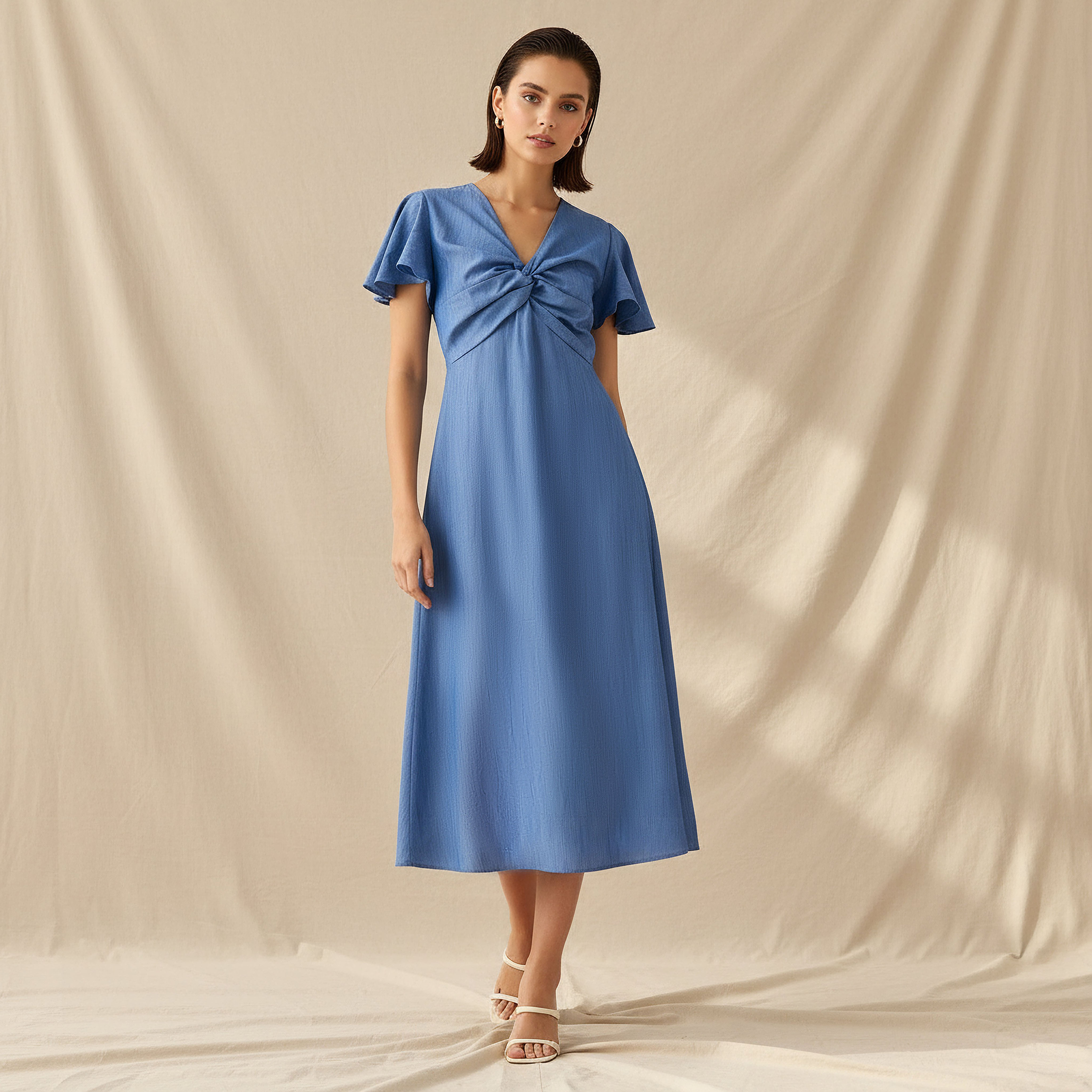 Twisted Angel Sleeve Midi A-Line Dress Blue