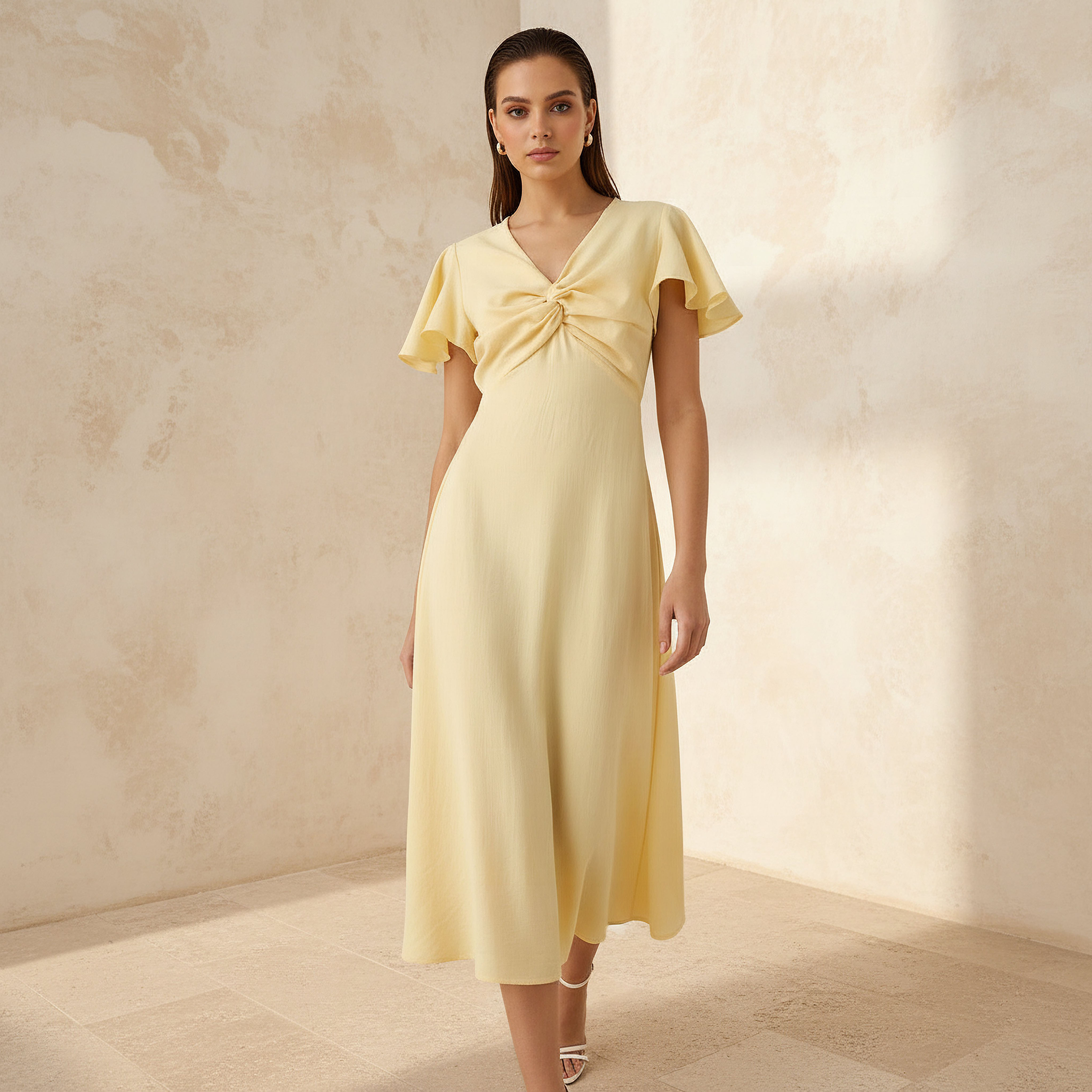 Twisted Angel Sleeve Midi A-Line Dress Yellow
