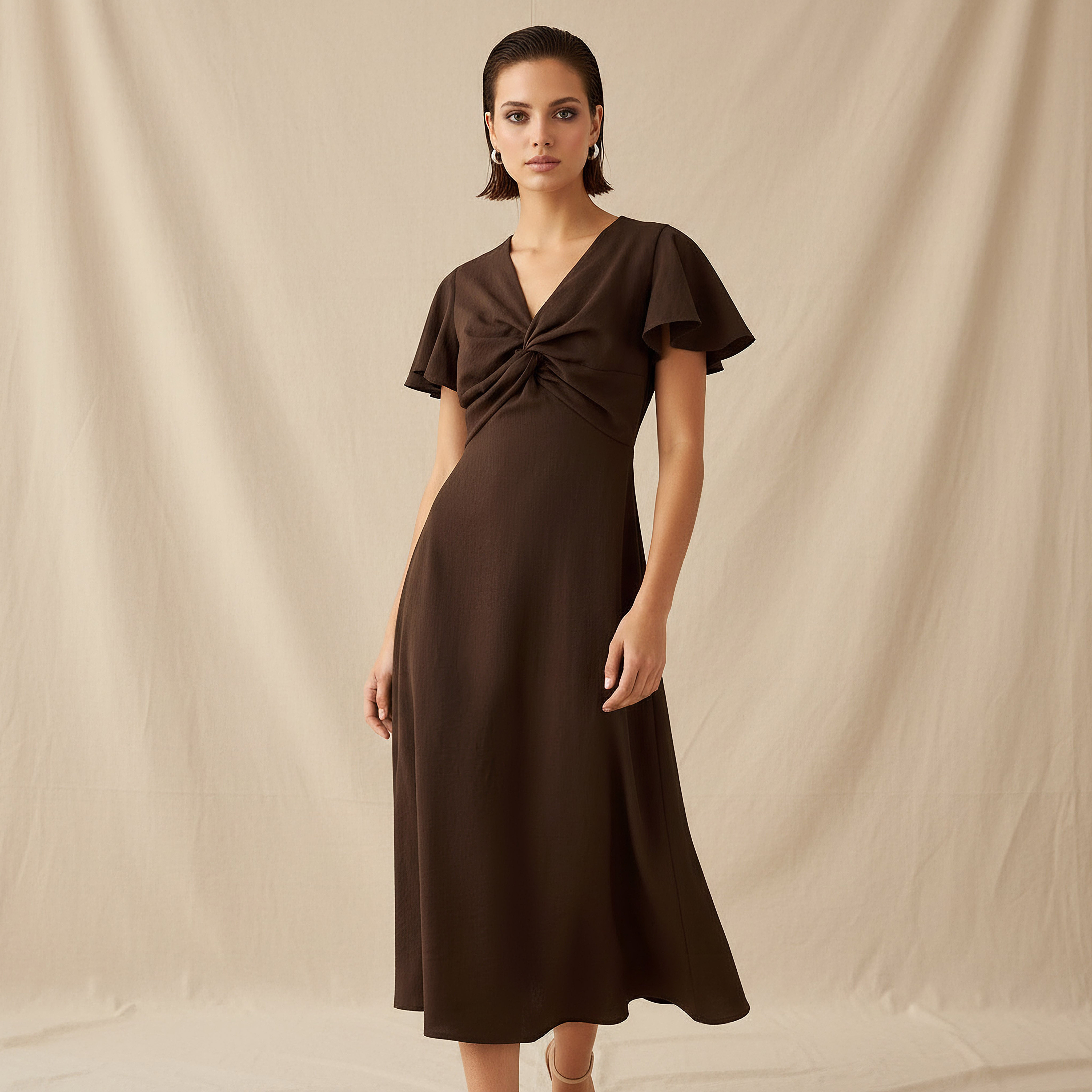 Twisted Angel Sleeve Midi A-Line Dress Brown