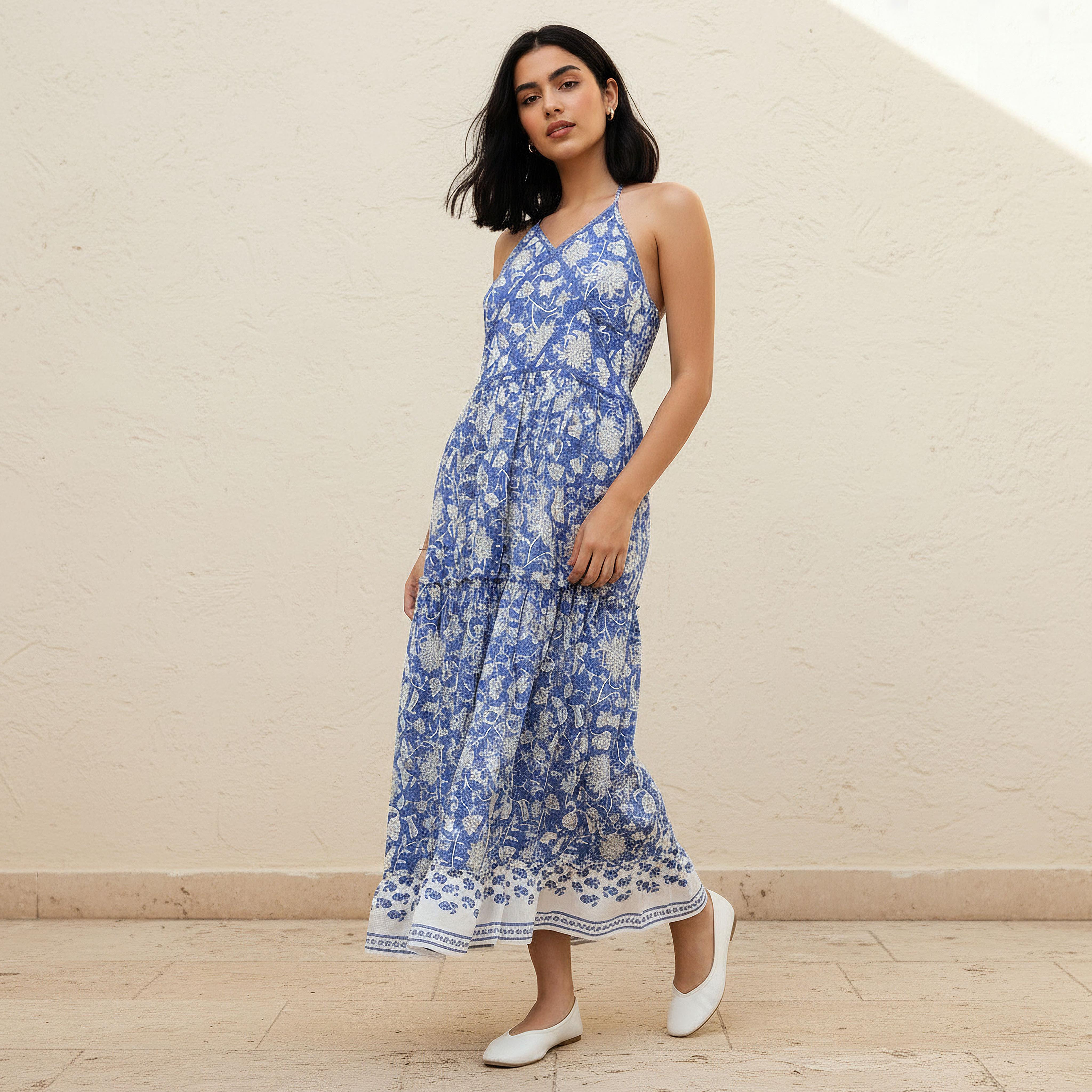 Halter Neck A-line Cotton Maxi Dress Blue