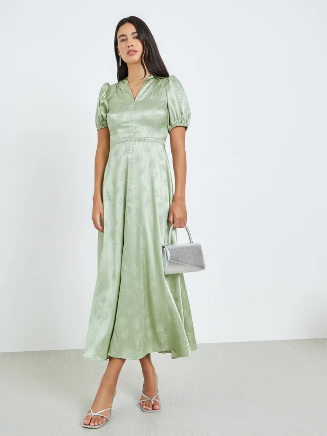 Styli Studded Waist Jacquard Maxi Dress Sage Green