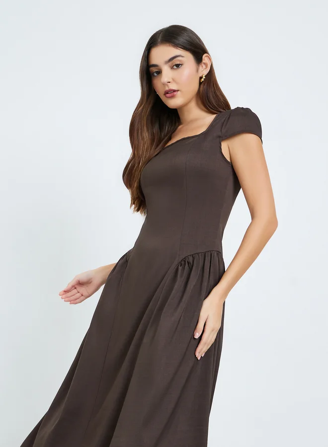 Women's Square Neck A-Line Midi Dress Dark Brown
